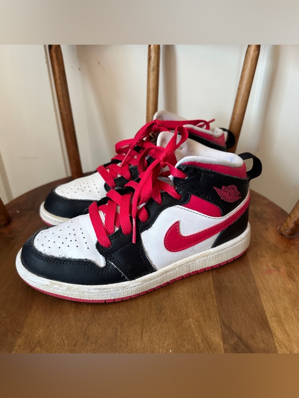 Jordan Kids' Mid-Top Sneakers in White, Black & Red 13.5C